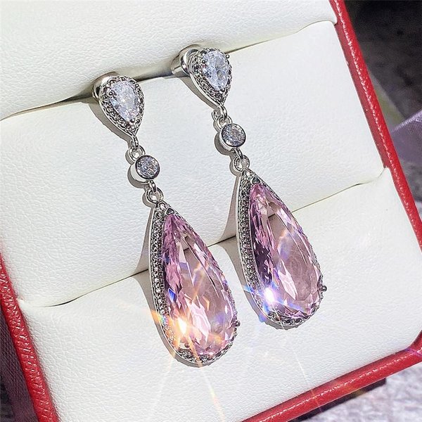 Pendientes Colgantes Huitan AAA Zirconia CúBica Rosa JoyeríA De Lujo Para Orejas De Mujer Fiesta De Compromiso Bling Bling Pendientes Colgantes Regalo Elegante-image