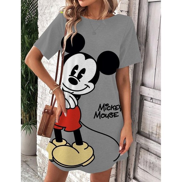 Damska Sukienka OkrąGłY Dekolt KróTki RęKaw Seksowna Z Nadrukiem Myszki Miki Disney 6XL-image