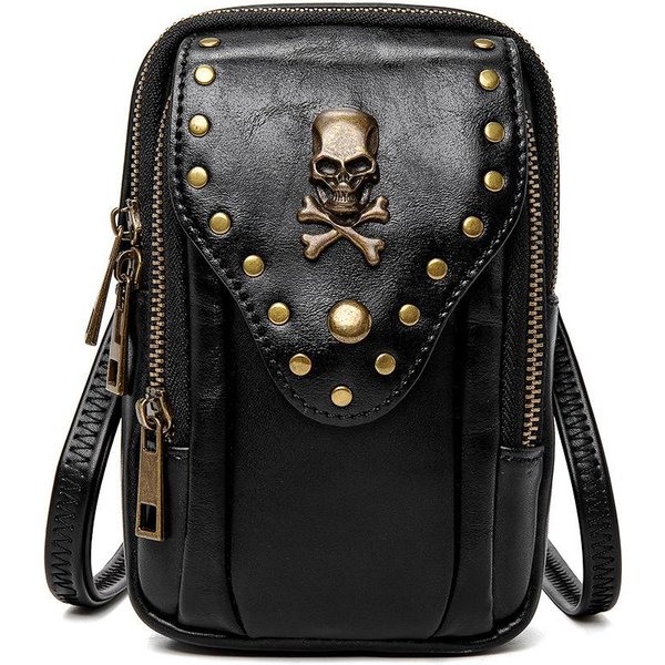 Bolso Cruzado De Un Solo Hombro Estilo Europeo Y Americano, Bolso Cuadrado PequeñO Con Textura, Bolso Para TeléFono MóVil De Viaje Al Aire Libre Con Remaches Negro-image
