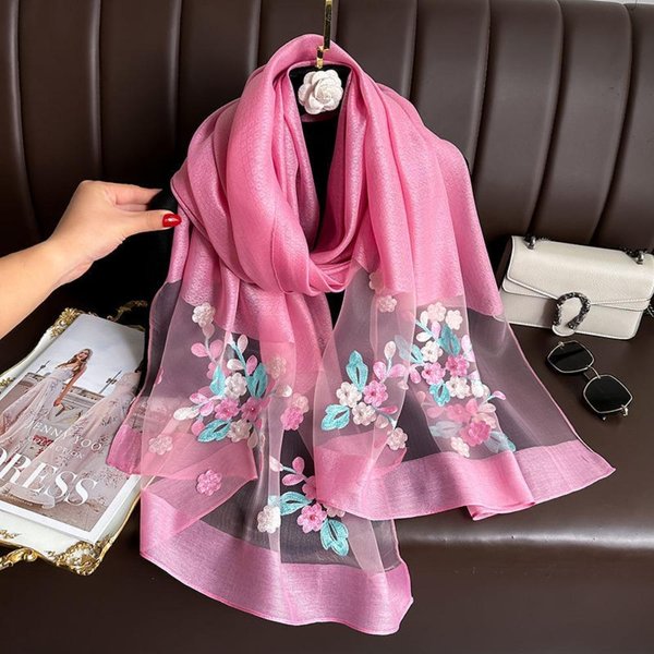 Elegancki MięKki Cienki Luksusowy Jedwabny Szalik Haft Kwiatowy Foulard Kobiety HidżAb Szale Chusty DużY BłYszcząCy Koronkowy Szalik Damski Black-image