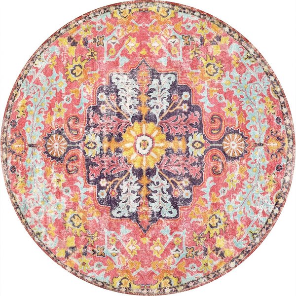 OkrąGłY Boho Dywan Kwiatowy - ŻYwy ŻółTy ŚRodek Z Wzorami Geometrycznymi, RóżOwo/Niebieski Dywan Tribalowy Do Salonu, Dekoracja 120Cm-Dia.-image