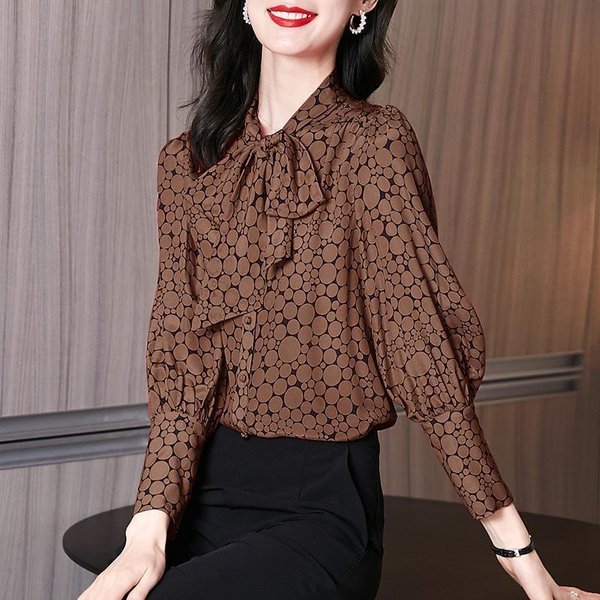 Té De Primavera Con Aroma De Té, Lazo Color Café, Lunares, Camisa De ChifóN De Manga Larga, Top Para Mujer 2XL Black-image
