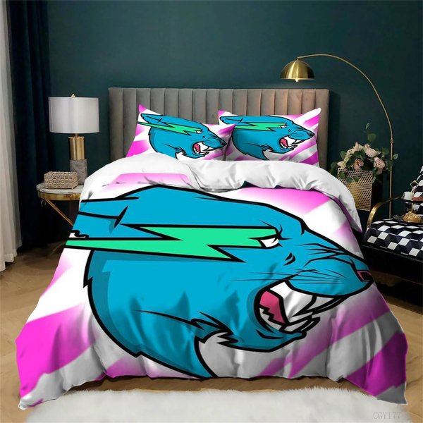 Mr Beast Juego De Funda NóRdica De 3 Piezas Con Cierre De Cremallera Juego De Ropa De Cama Funda NóRdica Rayo Gato Suave Ligero 155X200Cm-image
