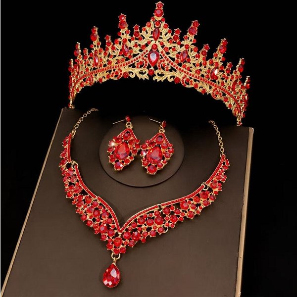 Korona Panny MłOdej Nakrycie GłOwy Naszyjnik Kolczyki Strass TrzyczęśCiowy Zestaw GłóWna Suknia ŚLubna Suknia Wieczorowa Korona Urodzinowa Retro Akcesoria Red-image