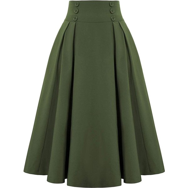 Falda Midi Informal Para Mujer, Faldas Acampanadas Plisadas De Cintura Alta EláStica Con Botones Vintage L Gray-image