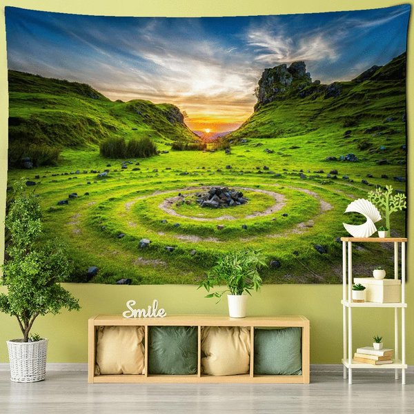 Tapiz Colgante De Pared Pintura De Paisaje De Isla Al Atardecer Arte Bohemio Dormitorio Sala De Estar Pared DecoracióN Del Hogar 95X70Cm Yellow-image