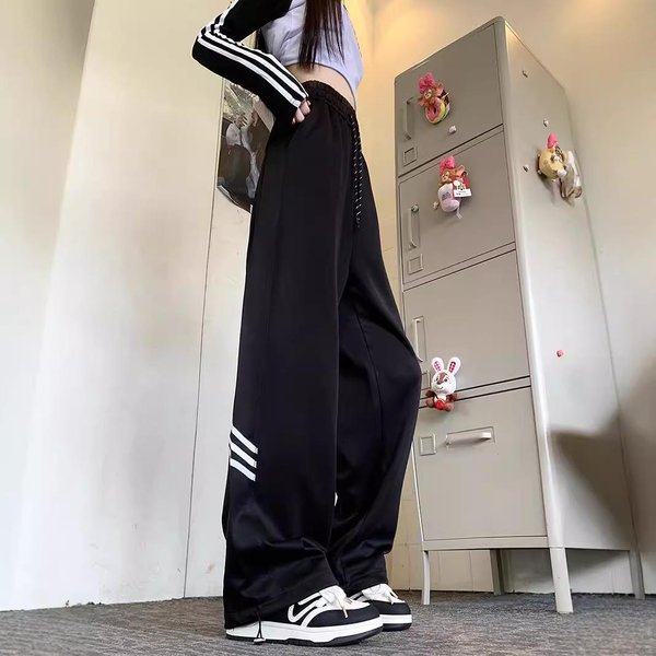 Jesienny Styl Jasnoszare Spodnie Casualowe Dla Kobiet High Street Szerokie Nogawki Dresowe Proste Nogawki WiąZane Spodnie Sportowe 3XL-image