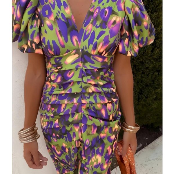 Vestido Midi De Manga Corta Con Cuello En V Para Mujer Ajustado De Cintura Media Elegante Estampado Abstracto Bodycon S Verde-image