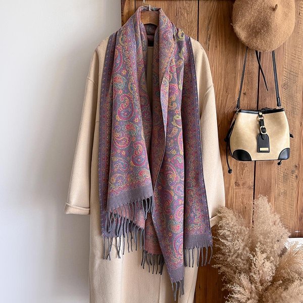Bufanda De Cachemira CáLida De Invierno A La Moda - Pashmina Estampada Con Pintura Al ÓLeo Floral Vintage Y Borlas Para Mujer, Chal Y Poncho Grueso Black-image