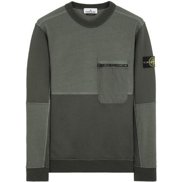 Stone Island Ss24 Bluza Z Kieszenią Na Zamek I Blokami KoloróW OkrąGłY Dekolt MęSka Bluza Mechowo-Zielona 801565677-V0059 M-image