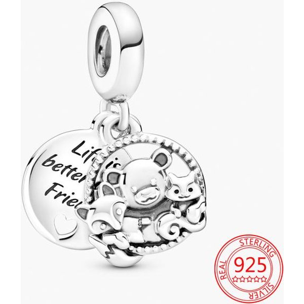 AutéNtica Plata De Ley 925 Gatos Corazones Colgante Charm Ajuste Pulsera De Serpiente De Moda Charm De Plata De Ley JoyeríA Para Mujer Regalo White-image