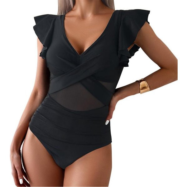 Solidne Kostiumy KąPielowe Letnie PłYwanie Push Up V Neck Beachwaer Monokini Damskie Wzburzyć JednoczęśCiowy StróJ KąPielowy Damskie Stroje KąPielowe S Czarny-image