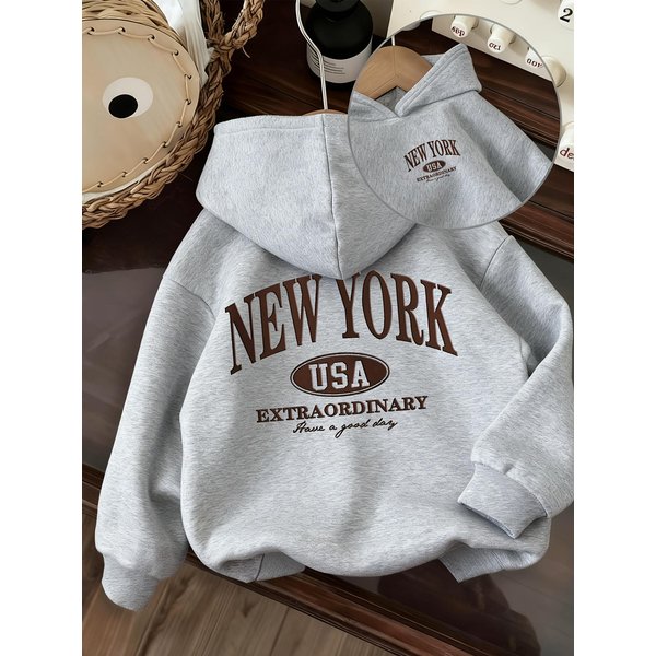 Nowa DziecięCa Bluza Z Kapturem W Stylu AmerykańSkim Z Nadrukiem Nowego Jorku I AmerykańSkim Owalnym Logo. Idealna Na Jesień/Zimę, Prezenty śWiąTeczne Dla Dzieci. 120 Gray-image