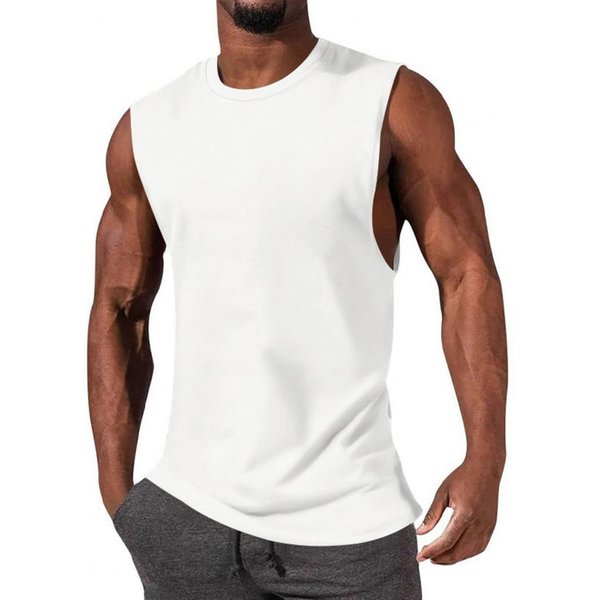 Chaleco Deportivo De Color SóLido Para Hombre, Chaleco Sin Mangas Con Cuello Redondo Para Culturismo Y Fitness, Tops EláSticos De Ajuste Holgado, Ropa De Calle M Blanco-image