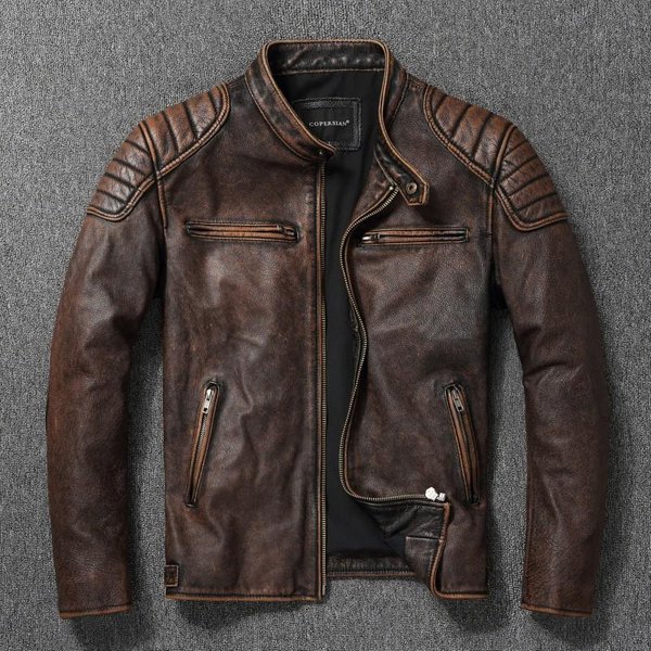 Nueva Chaqueta De Cuero 100% Vacuno Para Hombre Ropa De Capa Superior Ropa De Motocicleta Para Hombre Cuello Alto OtoñO Invierno Talla Grande Motocicleta L MarróN-image