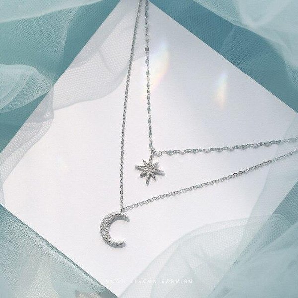 Plata De Ley 925 Doble Capa Estrella Luna Cadena ClavíCula Collar Mujer NiñA Collar Circonita CúBica Regalo Fiesta JoyeríA Boda 40Cm Platino-image