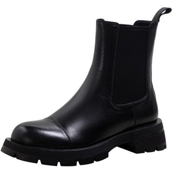 Zapatos De OtoñO/Invierno, Botines De Cuero Para Mujer, Zapatos De Mujer Con Punta Redonda Y TacóN Grueso, Botas Chelsea Lisas, Botas Casuales Para Mujer 35-image