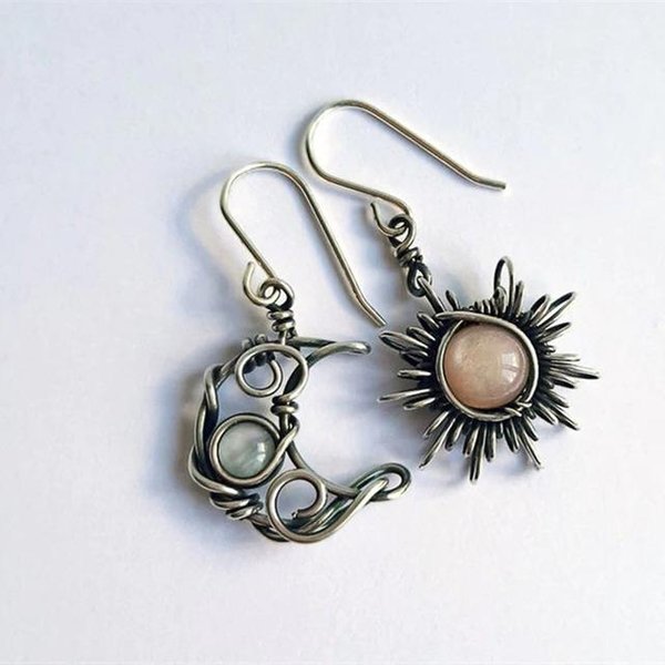 Pendientes Colgantes AsiméTricos Sol Luna Estilo Boho Vintage Para Mujer Color Plata Antigua Pendiente Colgante Piedra Lunar Moda Banda De Boda Para Mujer-image