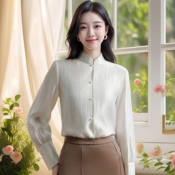 Nueva Blusa De Estilo Chino De Primavera, Nueva Camisa Retro De Cuello Alto Y Manga Larga Con áCido AcéTico, Top De Alta Gama Con Temperamento 3XL Blanco-image