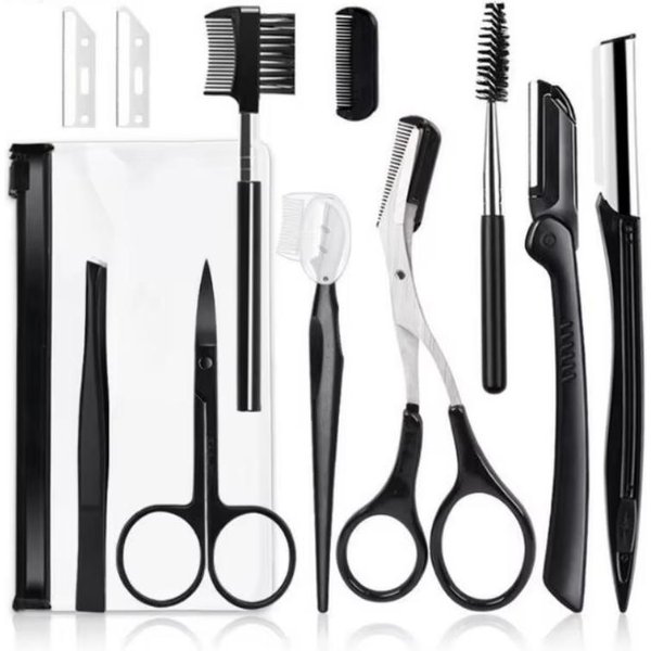 11 Piezas Tijeras Negras Para Recortar Cejas Pinzas De Acero Inoxidable Rascador De Cejas Peine Para Cejas Maquinilla Clip Para Cejas Herramientas De Maquillaje 11Pcs Black-image