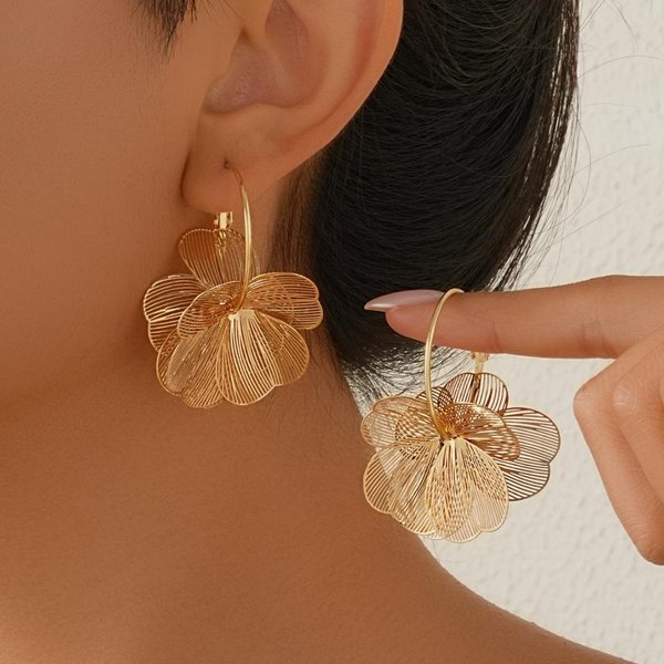 Pendientes De Aro Huecos Dorados Vintage De Doble Capa Para Mujer Pendientes Colgantes GeoméTricos De Moda JoyeríA Para Uso Diario Black-image