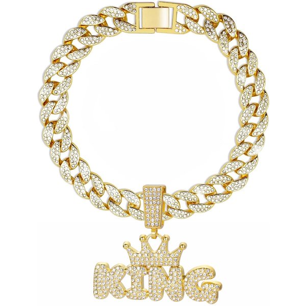 Cadena Cubana Para Perro, Collar De AleacióN De Aluminio Para Perros Mascotas, Collar Dorado Para Perros PequeñOs A Grandes Gatos JoyeríA Accesorio Con Colgante Rey Reina 55Cm-image