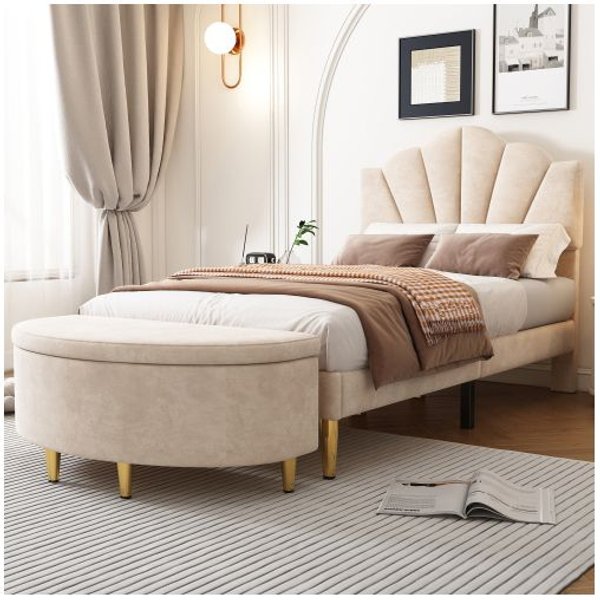 Cama Tapizada - Muvoe - 90X200 Cm - Terciopelo Beige - Cabecero Ajustable - DiseñO ContemporáNeo-image