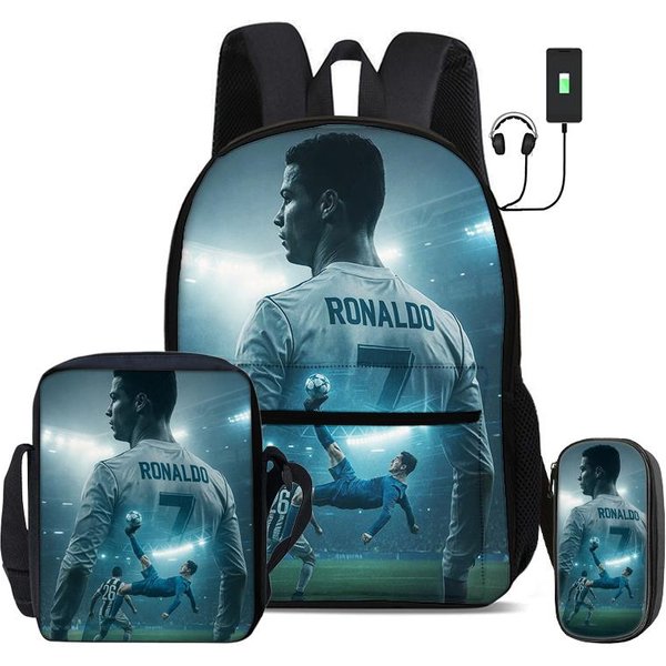 Ronaldo Zestaw 3 Szt. Torby Szkolne Plecak Z Interfejsem USB CR Gwiazda PiłKi NożNej Torba Na Ramię Sport PiłKa NożNa PióRnik Dla Dzieci Plecak-image