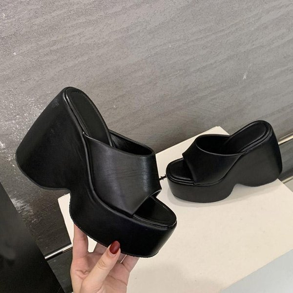 Liyke Summer 13CM Super Wysokie Obcasy Kliny Kapcie Damskie Wsuwane MięKkie Przytulne Solidne SkóRzane Grube Buty Na Platformie SandałY Damskie 35 Gray-image