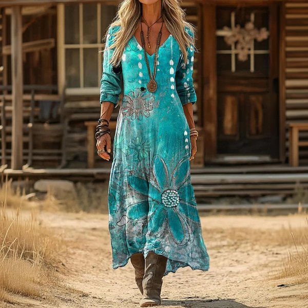 Vestido Largo Estampado Floral ÉTnico Vintage Para Mujer Bohemio Vacaciones Playa Maxi Vestido Con Cuello En V Y Corte Relajado XXL Azul Cielo-image