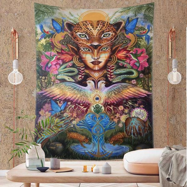 Tapiz Abstracto De Cabeza De Leopardo Colgante De Pared PsíQuico BrujeríA Paisaje Tropical Sala De Estar Dormitorio DecoracióN Del Hogar 95X70Cm Black-image