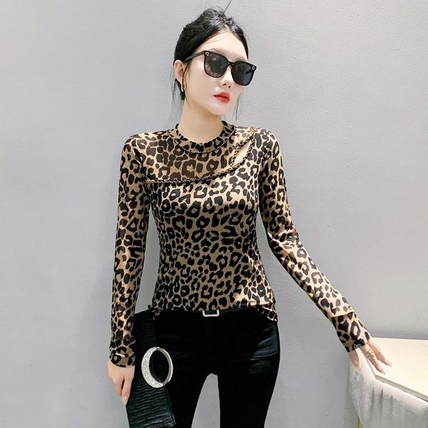 Camiseta De Malla Con Estampado De Leopardo CáLida Para Mujer Con Camiseta Base Ajustada Para Invierno Nuevo Cuello Redondo Manga Larga Top Hueco 3XL Gray-image