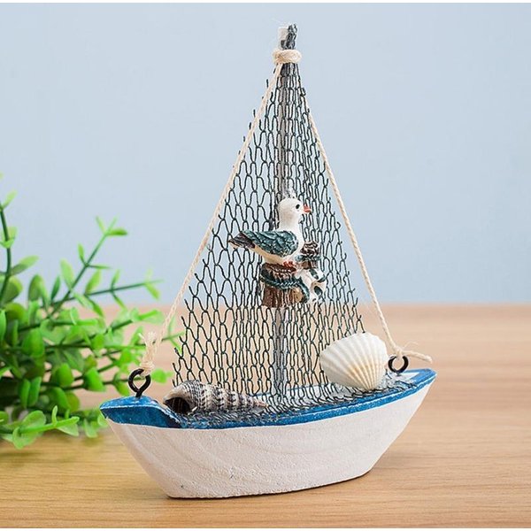 1 Ud. Mini Estilo MediterráNeo Marino NáUtico Barco De Madera Azul Velero ArtesaníA De Madera Adornos HabitacióN De Fiesta DecoracióN Del Hogar-image