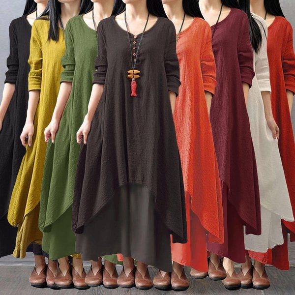 Moda Mujer Casual Vestido Suelto SóLido Manga Larga Boho Largo Maxi Vestido Xxxl Blanco-image