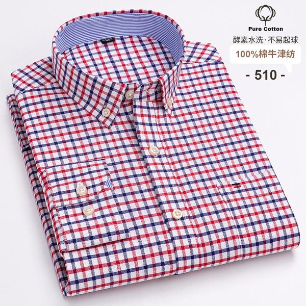 100% BawełNa Oxford Koszule MęSkie DłUgi RęKaw Krata MięKka Regularny KróJ Koszula Formalna Kieszeń Bluzka Towarzyska Odzież MęSka S-7XL L-image
