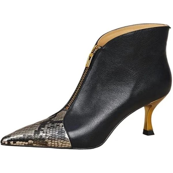 Modne Damskie Buty Botki Damskie Nowoczesne Botki Do Sukienki Damskie Mieszane Kolory Szpiczasty Nosek Zamek Z Przodu Wysoki Obcas Damskie Buty 39 Czarny-image