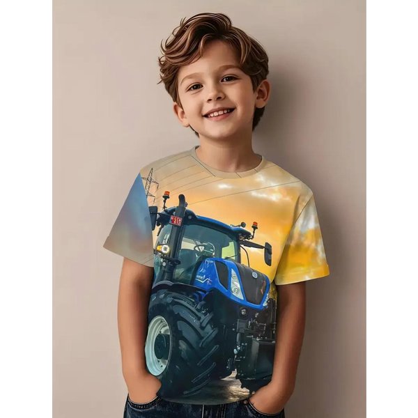 Fajna Koszulka ChłOpięCa Z Nadrukiem Traktora 3D Odzież DziecięCa T-Shirt KróTki RęKaw Modna Letnia Odzież DziecięCa Odzież Dla Aktywnych Dzieci Na ZewnąTrz 160 Gray-image