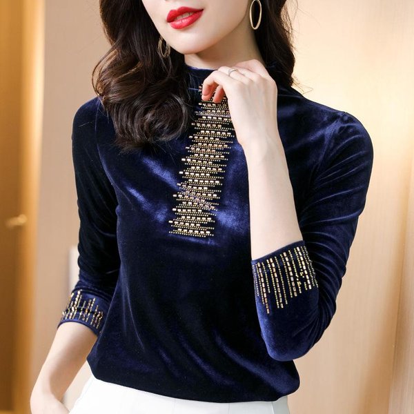 Camiseta Base Gruesa De Media Cuello Alto Plus Terciopelo Para Mujer Con Camiseta CáLida Moderna Para OtoñO E Invierno De Manga Larga Top De Terciopelo Dorado 4XL White-image