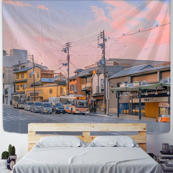 Tapiz Moderno De Vista Callejera Al Atardecer Colgante De Pared Colorido Edificio Sala De Estar Dormitorio Pintura De Paisaje DecoracióN Tela 95X70Cm Gray-image