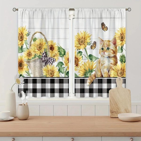 2 Szt. Nowe Nowoczesne śWieżE Kratkowane SłOneczniki Drukowane Cyfrowo Dekoracja Domu Kuchnia KróTkie ZasłOny Okienne Do Sypialni Salonu W60Xh100(Cm)X2Pcs&Grommet Top-image