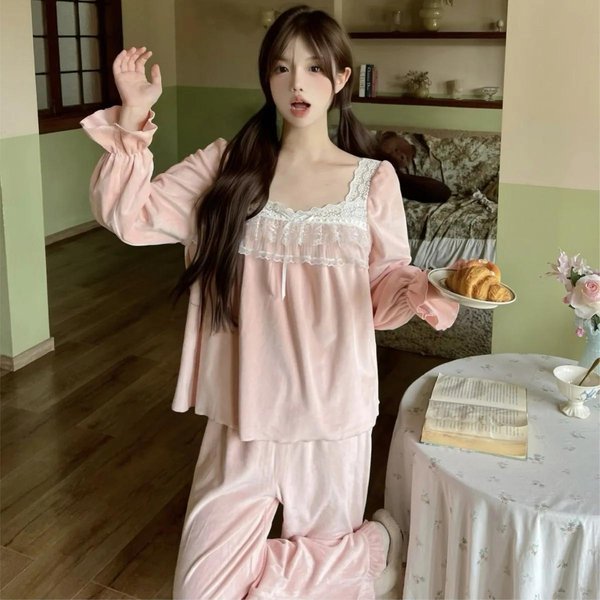 Traje De Pijama De 2 Piezas Para Mujer Top De Terciopelo De Isla Pantalones Conjunto Holgado Ropa De Dormir De Invierno Estilo Princesa Ropa De Noche Ropa De Casa De OtoñO XL Color Rosa-image