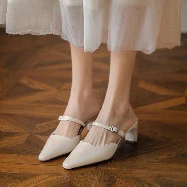 Zapatos De SalóN Kitten Heel Para Mujer Mules Remache Dorado Punta Verano Sandalias Moda Beige SeñOras Casual Tacones Medios Zapatos 39 Beige-image
