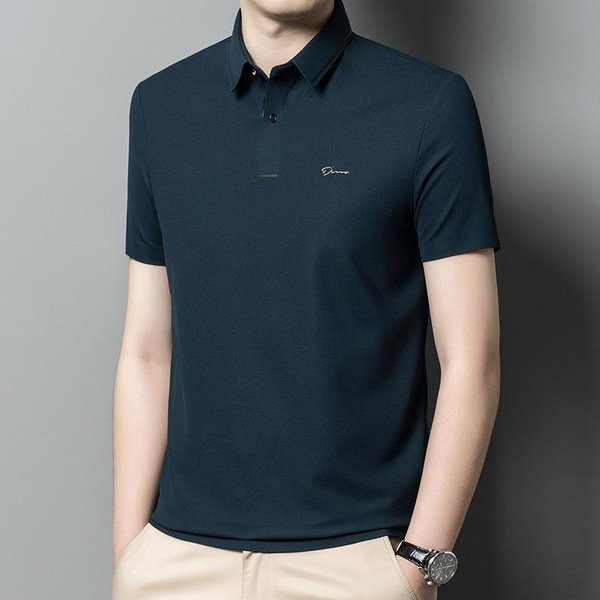 Papá Joven Y De Mediana Edad Lleva Polo De Hielo De Seda Holgado De Manga Corta Para Hombre Con Camiseta De Verano Fina Sin Costuras De Manga Corta Con Cuello 4XL-image