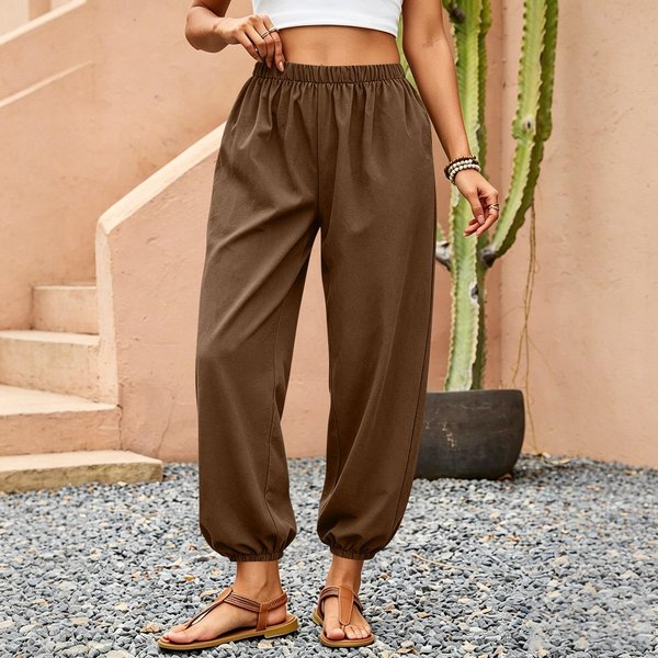 Pantalones Harem Casuales Para Mujer Con Cintura EláStica, Corte Relajado, Ligeros, De Corte Holgado, Pantalones Para El DíA A DíA XL MarróN-image