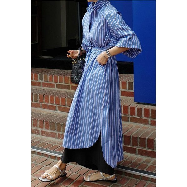 Vestido Camisero Rayado Para Mujer Nuevo Estilo Verano Manga Tres Cuartos Adelgazante Y Rejuvenecedor Estilo Sencillo Casual Falda Larga M Black-image