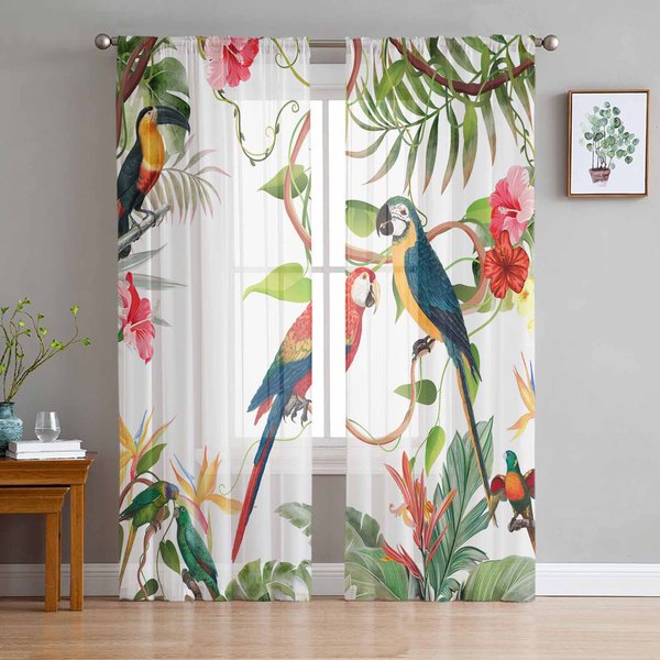Cortinas Transparentes De Plantas Tropicales Y Loro Estilo Ins Para DecoracióN De Sala De Estar Cortina De Ventana Cocina Tul Voile Organza Cortinas W135 X H115Cm X1&Rod Pocket-image