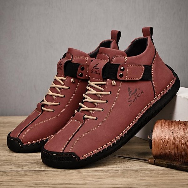 Nuevos Zapatos Casuales De Cuero Hechos A Mano Para Hombre DiseñO Zapatillas Hombre Zapatos De Cuero Transpirables Hombre Botines Tobilleros Para Exterior 39 Rojo-image
