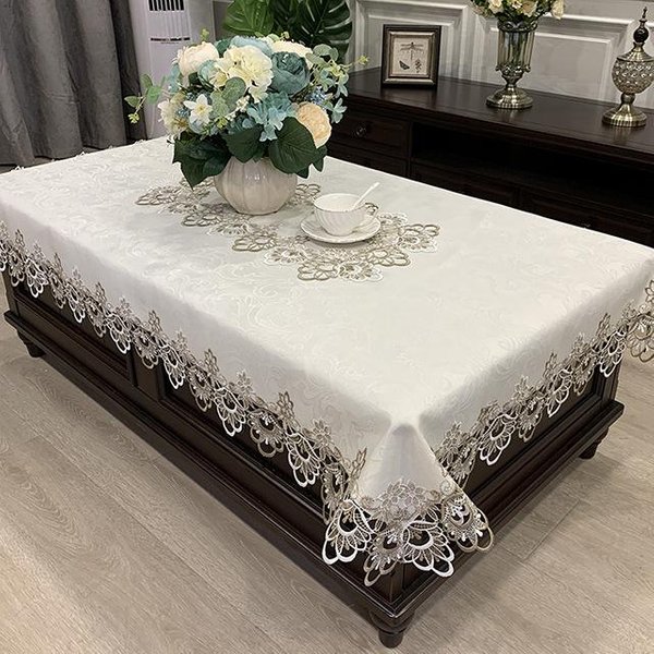 ProstokąTny Obrus Luksusowy Haft Koronka Pokrowiec Na Stół Kwiatowy Elegancki Dziurkowany Obrus Serwetki Dekoracja StołU Jadalnego 140X200Cm-image