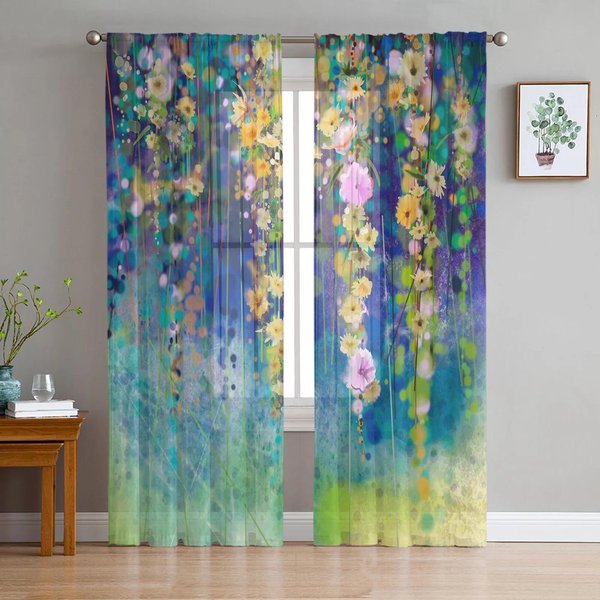 Cortinas Transparentes De Tul Blanco Con DiseñO De Flores Y Hojas En Acuarela Para Sala De Estar, Dormitorio, DecoracióN, Cortinas De Gasa Y Organza. W135 X H115Cm X1&Rod Pocket-image