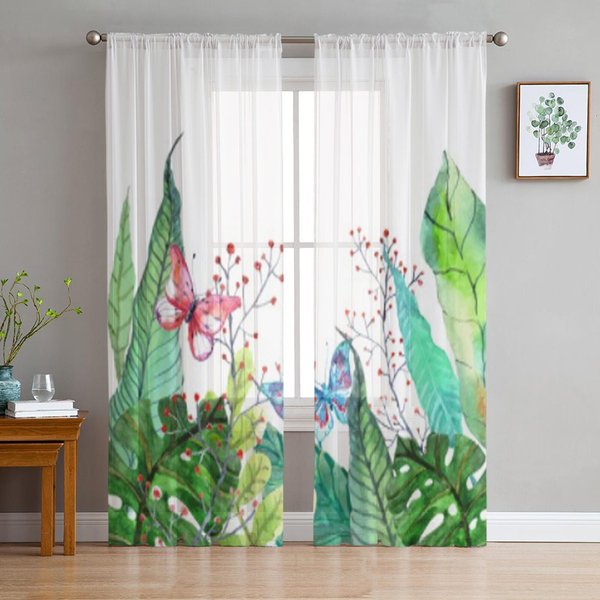 Cortinas Transparentes De Tul Con DiseñO De Plantas Y Flores Tropicales Para Sala De Estar, Dormitorio, Cocina, DecoracióN, Cortinas De Organza Y Voile 135W X 114H(Cm) White-image